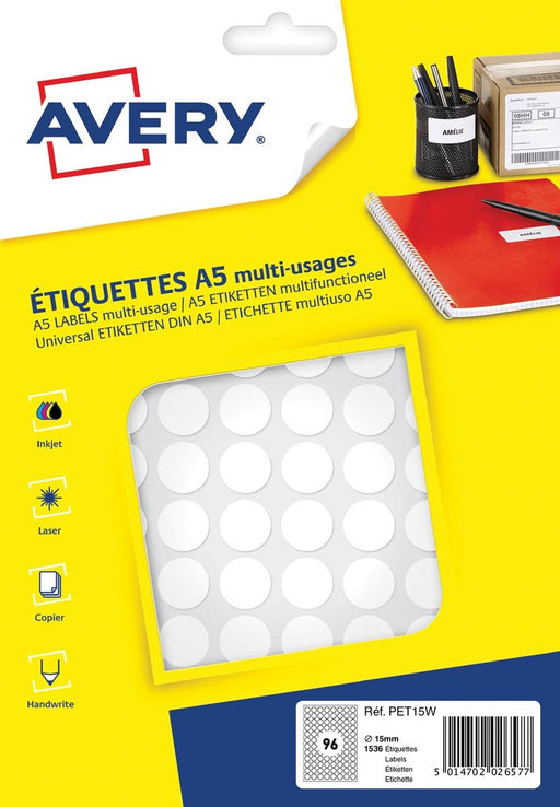Avery PET15W ronde markeringsetiketten, diameter 15 mm, blister van 1536 stuks, wit - OfficeTown