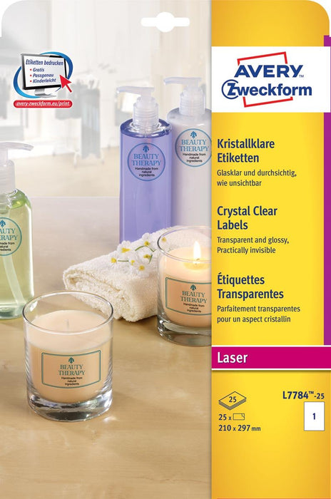 Avery transparante Crystal Clear etiketten ft 210 x 297 mm, 25 etiketten, 1 per vel - OfficeTown