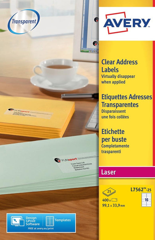 Avery transparante etiketten QuickPEEL ft 99,1 x 33,9 mm (b x h), 400 stuks, 16 per blad - OfficeTown