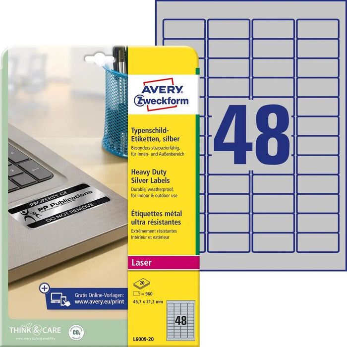 Avery ultrasterke zilverkleurige etiketten ft 45,7 x 21,2 mm (b x h), 960 stuks, 48 per vel - OfficeTown