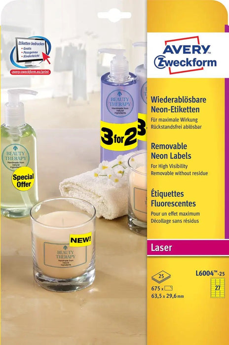 Avery verwijderbare neon stickers afmetingen 63,5 x 29,6 mm, doos van 675 stuks (25 vellen van 27), neon geel - OfficeTown