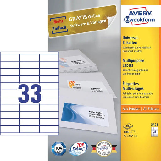 Avery Zweckform 3421, Universele etiketten, Ultragrip, wit, 100 vel, 33 per vel, 70 x 25,4 mm - OfficeTown