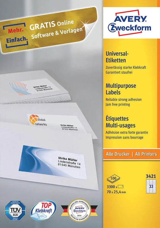 Avery Zweckform 3421, Universele etiketten, Ultragrip, wit, 100 vel, 33 per vel, 70 x 25,4 mm - OfficeTown
