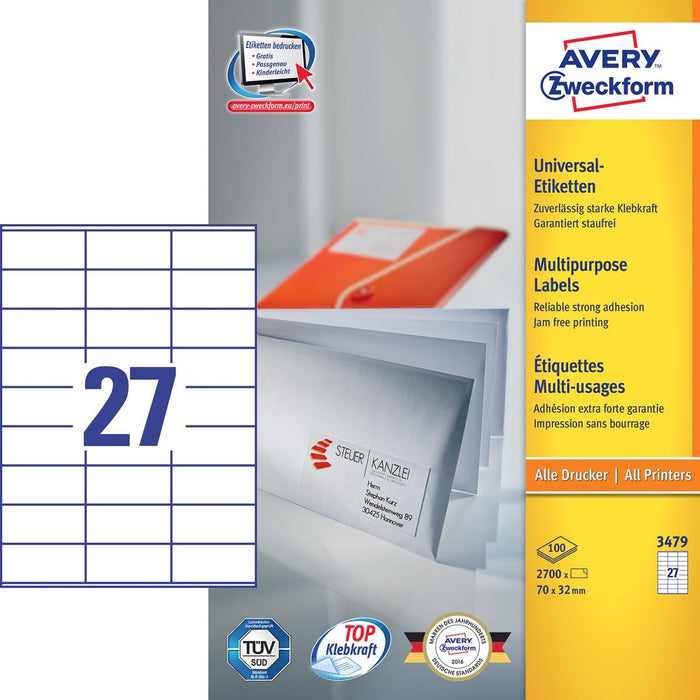 Avery Zweckform 3479, Universele etiketten, Ultragrip, wit, 100 vel, 27 per vel, 70 x 32 mm - OfficeTown