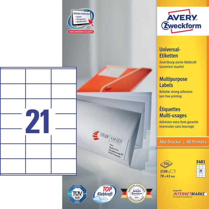Avery Zweckform 3481, Universele etiketten, Ultragrip, wit, 100 vel, 21 per vel, 70 x 41 mm - OfficeTown