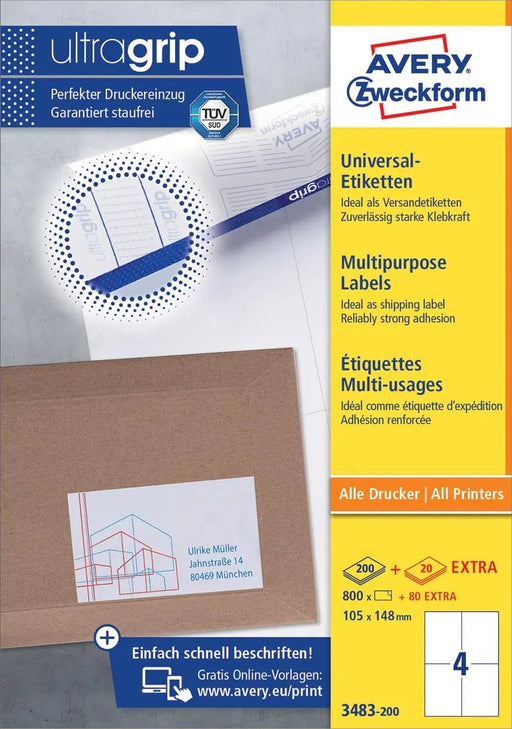 Avery Zweckform 3483 - 2, Universele etiketten, Ultragrip, wit, 200 vel, 4 per vel, ft 105 x 148 mm - OfficeTown