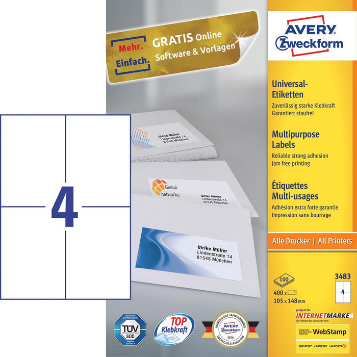 Avery Zweckform 3483, Universele etiketten, Ultragrip, wit, 100 vel, 4 per vel, 105 x 148 mm - OfficeTown