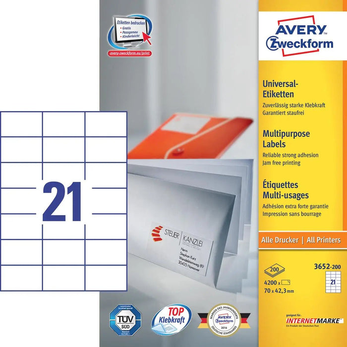 Avery Zweckform 3652, Universele etiketten, Ultragrip, wit, 200 vel, 21 per vel, 70 x 42,3 mm - OfficeTown