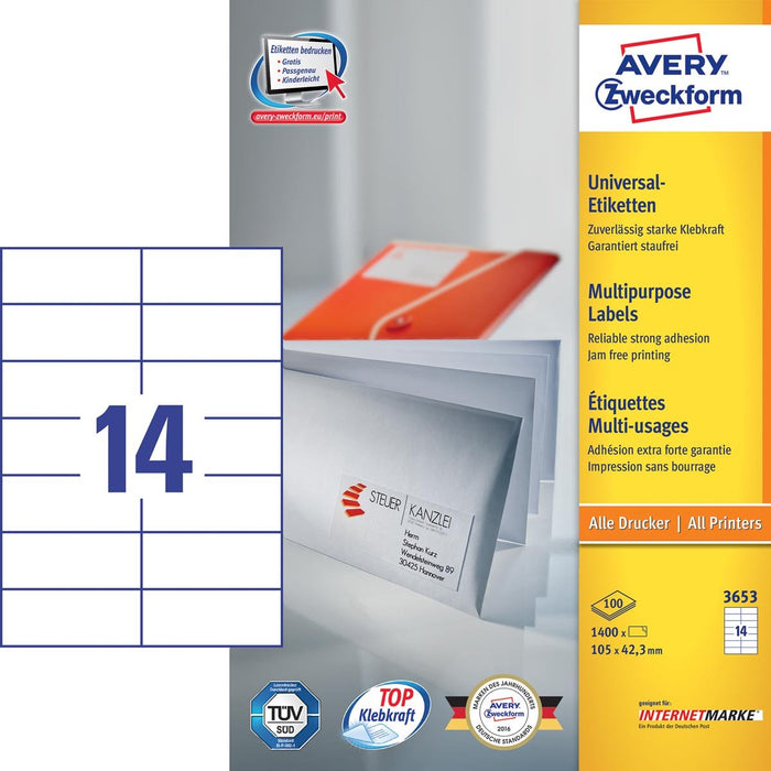 Avery Zweckform 3653, Universele etiketten, Ultragrip, wit, 100 vel, 14 per vel, 105 x 42,3 mm - OfficeTown