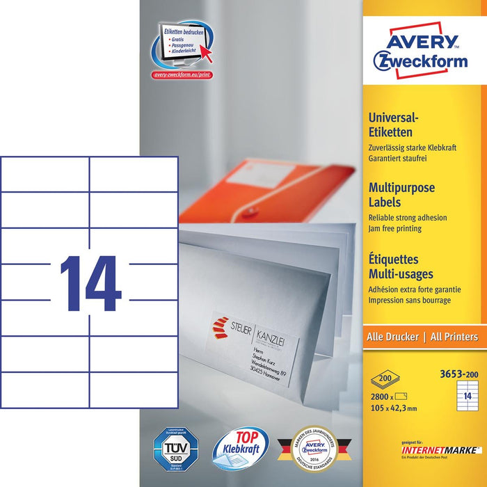 Avery Zweckform 3653, Universele etiketten, Ultragrip, wit, 200 vel, 14 per vel, 105 x 42,3 mm - OfficeTown