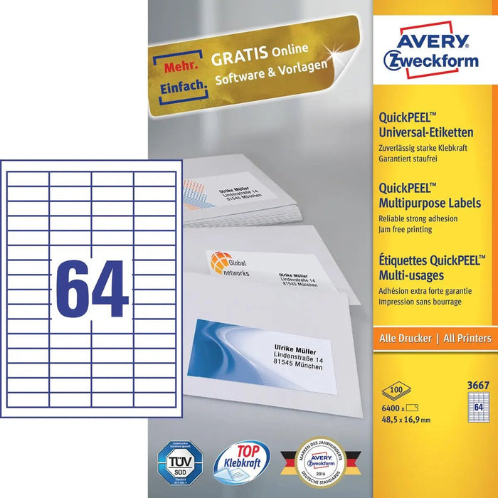 Avery Zweckform 3667, Universele etiketten, Ultragrip, wit, 100 vel, 64 per vel, 48,5 x 16,9 mm - OfficeTown