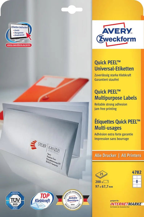 Avery Zweckform 4782, Universele etiketten, Ultragrip, wit, 25+5 vel, 8 per vel, 97 x 67,7 mm - OfficeTown