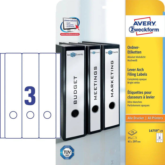 Avery Zweckform L4759 - 25 ordnerrugetiketten ft 29,7 x 6,1 cm (b x h), 75 etiketten, wit - OfficeTown