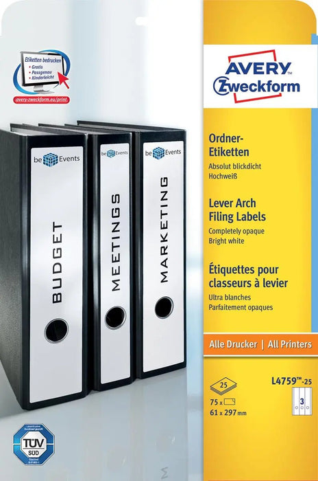 Avery Zweckform L4759 - 25 ordnerrugetiketten ft 29,7 x 6,1 cm (b x h), 75 etiketten, wit - OfficeTown