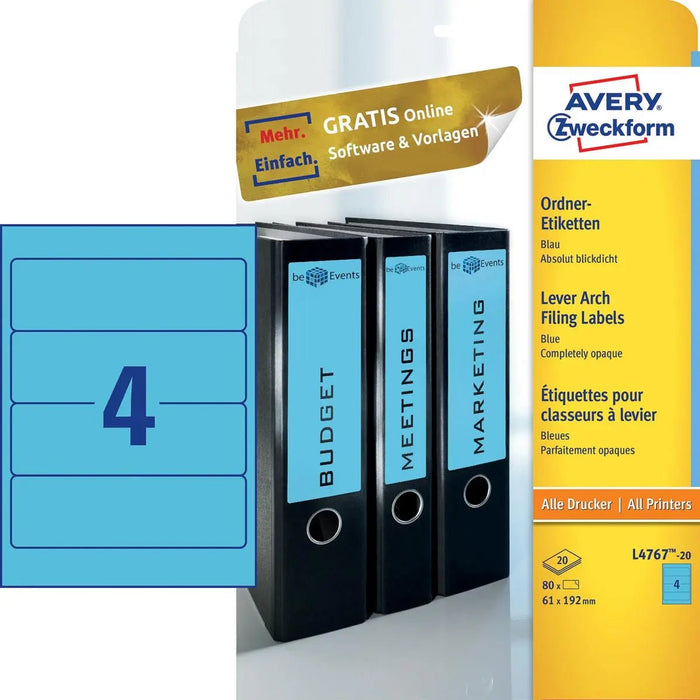 Avery Zweckform L4767 - 20 ordnerrugetiketten ft 19,2 x 6,1 cm (b x h), 80 etiketten, blauw - OfficeTown