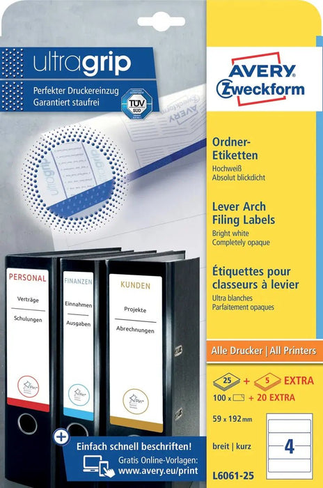 Avery Zweckform L6061 - 25 ordnerrugetiketten ft 19,2 x 5,9 cm (b x h), 120 etiketten, wit - OfficeTown