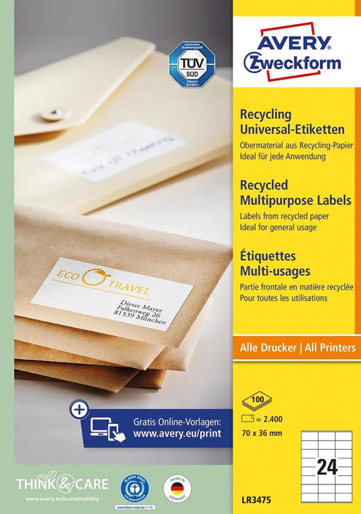 Avery Zweckform LR3475 gerecycleerde universele etiketten ft 70 x 36 mm (b x h), 2.400 etiketten, wit - OfficeTown
