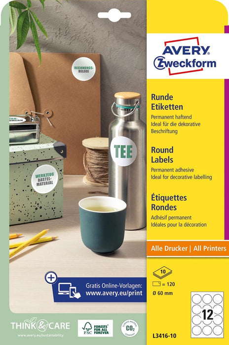 Avery Zweckform ronde etiketten, diameter 60 mm, wit, permanent klevend, 120 etiketten, 10 vellen - OfficeTown