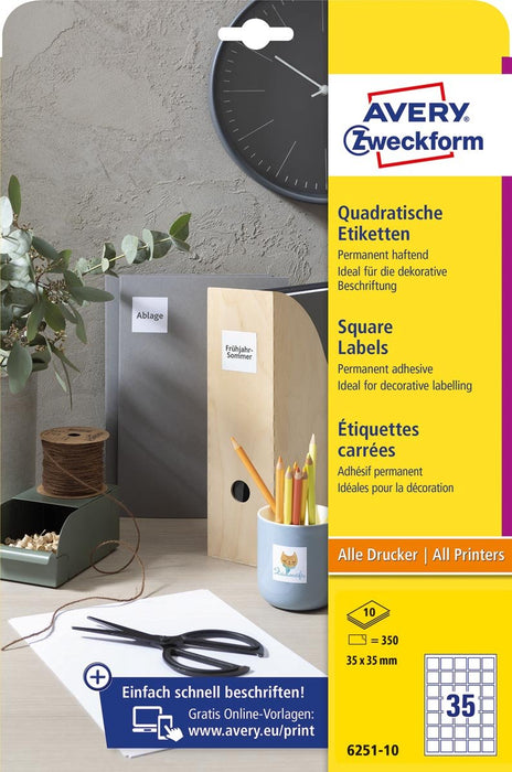 Avery Zweckform vierkante etiketten, 35 x 35 mm, wit, permanent klevend, 350 etiketten, 10 vellen - OfficeTown