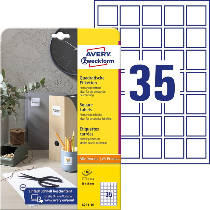 Avery Zweckform vierkante etiketten, 35 x 35 mm, wit, permanent klevend, 350 etiketten, 10 vellen - OfficeTown