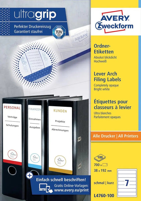 Avery Zweckformft L4760 - 100 ordnerrugetiketten ft 192 x 38 mm (b x h), 700 etiketten, wit - OfficeTown