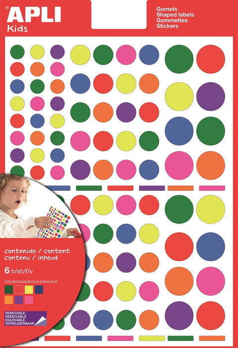 Verwijderbare stickers voor kinderen, cirkelvormig, blister met 624 stuks in diverse kleuren en groottes