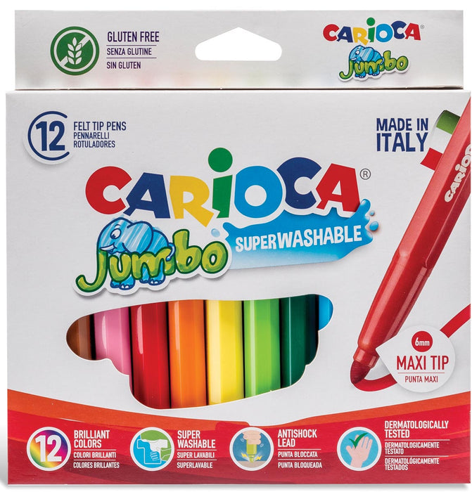 Carioca viltstiften Jumbo Superwashable 12 stuks in een kartonnen hang-etui met 6 mm punt