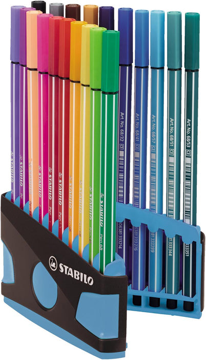 STABILO Pen 68 brush, ColorParade, blauw-grijze doos, 20 stuks in geassorteerde kleuren 10 stuks, OfficeTown
