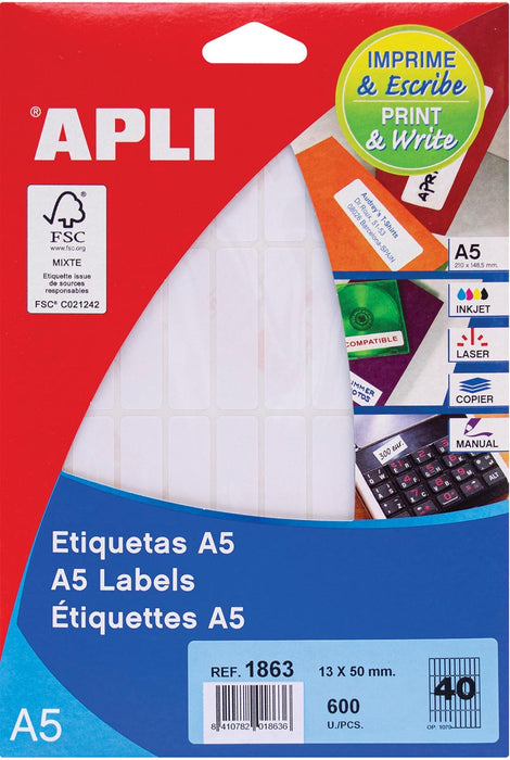 Apli Print & Write witte etiketten met afmetingen 13 x 50 mm, 600 stuks