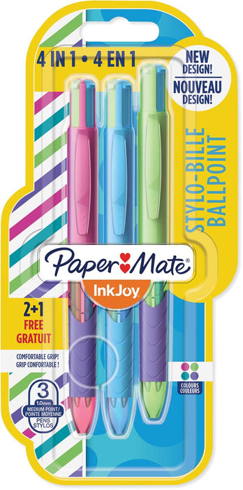 Paper Mate 4-kleuren balpen Inkjoy Quatro Joie De Vivre, blister 2 + 1 gratis