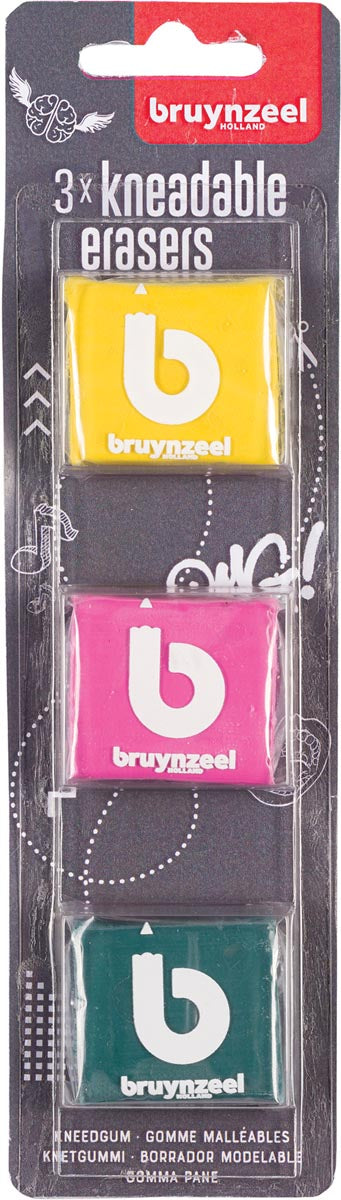 Bruynzeel kneedgum, blister met 3 stuks in geassorteerde kleuren 12 stuks, OfficeTown