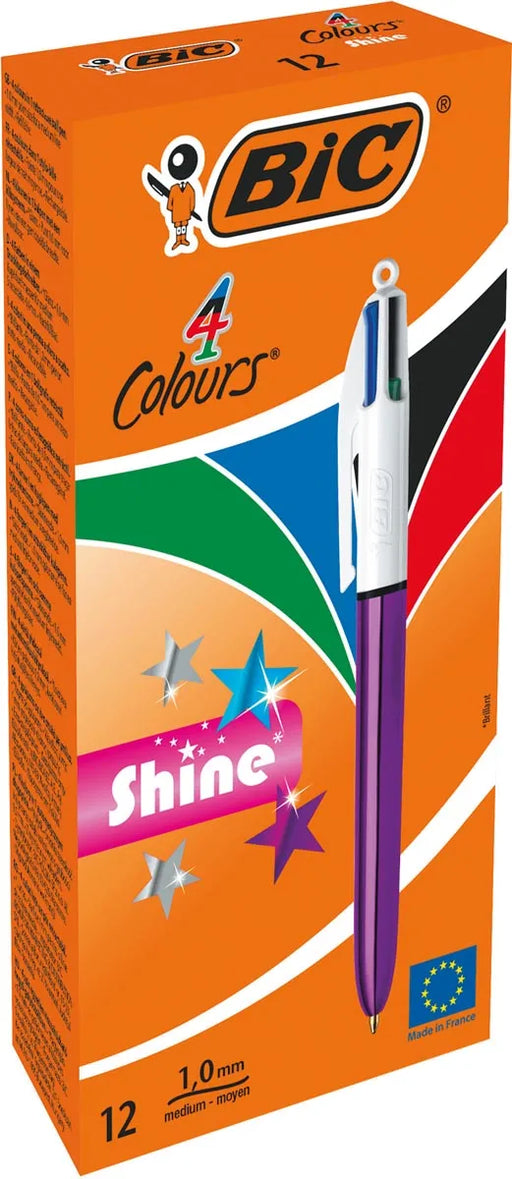 Bic Colours Shine 4-kleurenbalpen, medium, klassieke inktkleuren, lichaam metallic paars 12 stuks, OfficeTown