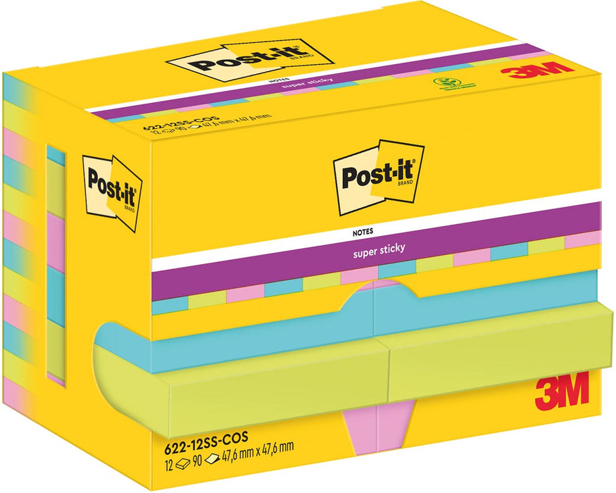 Post-It Super Sticky Notes Cosmic, 90 vel, ft 47,6 x 47,6 mm, pak van 12 blokken 24 stuks, OfficeTown