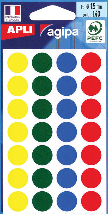 Agipa ronde etiketten in opberghoesje, diameter 15 mm, assorti kleuren, 140 stuks, 28 per vel