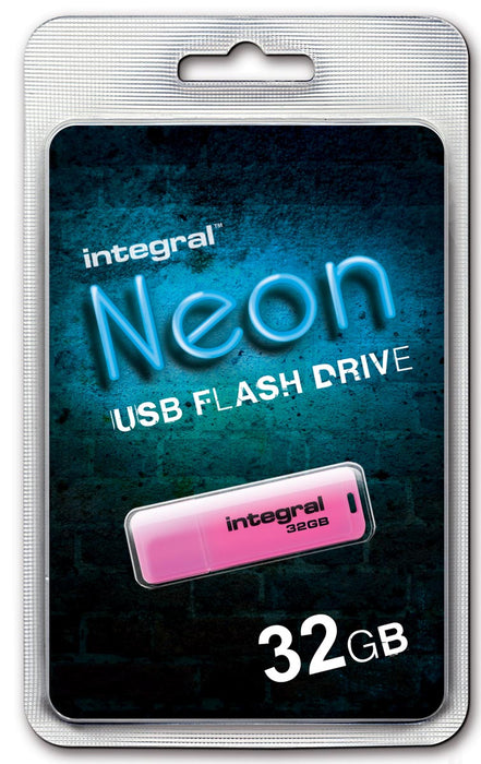 Integral Neon USB 2.0-stick, 32 GB, roze met fluorescerende en lichtgewicht ontwerp