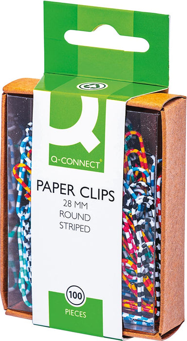 Q-CONNECT paperclips, 28 mm, doos van 100 stuks, gestreept in wit en verschillende kleuren