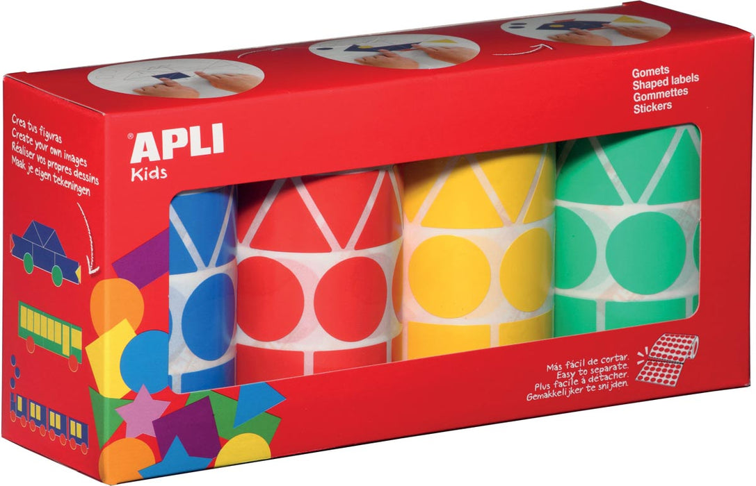Stickers XL voor kinderen van Apli, doos met 4 rollen in 4 kleuren en 4 vormen (blauw, rood, geel en groen)