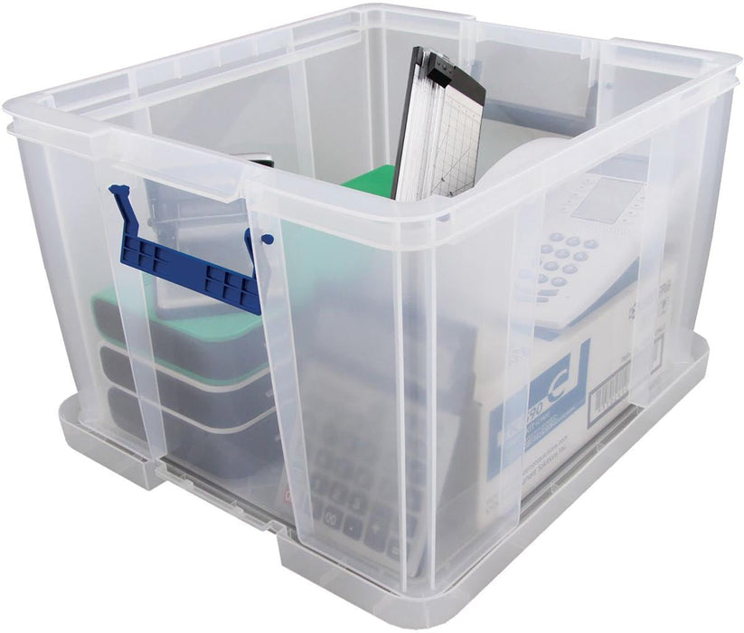 Bankiersdoos opbergdoos 48 liter, transparant met blauwe handvaten - OfficeTown
