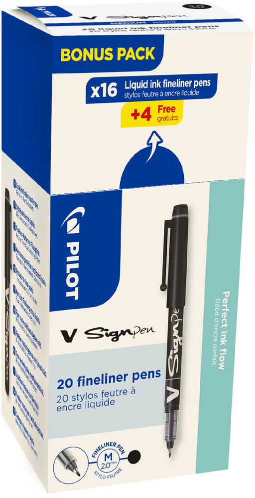 Pilot fineliner V-Sign Pen, doos van 16 + 4 stuks, zwart 12 stuks, OfficeTown