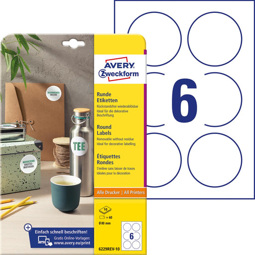 Avery Zweckform ronde etiketten, diameter 80 mm, wit, afneembaar, 60 etiketten, 10 vellen 50 stuks, OfficeTown