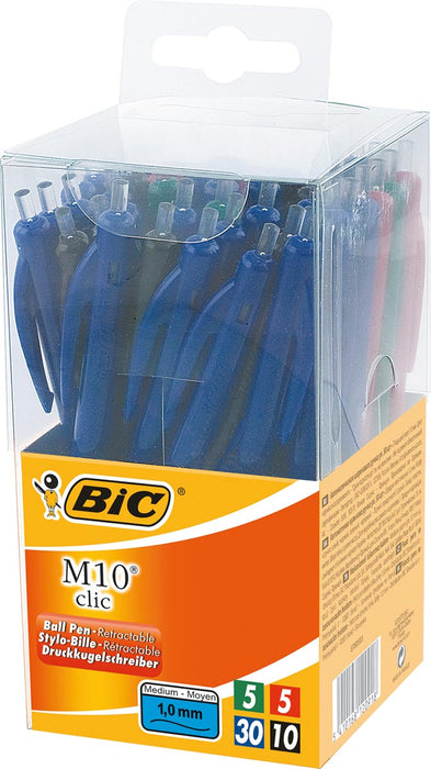 Bic balpen M10 Clic, 50 stuks in verschillende kleuren met zichtbaar inktniveau