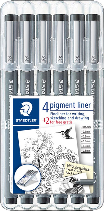 Staedtler fineliner Pigment Liner etui van 4 + 2 - Zwarte Inkt Penpunt Set