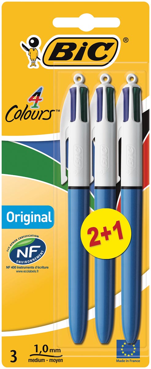 Bic 4 Colours Original, balpen, 0,32 mm, 4 klassieke inktkleuren, blauw, op blister 2+1 gratis 20 stuks, OfficeTown