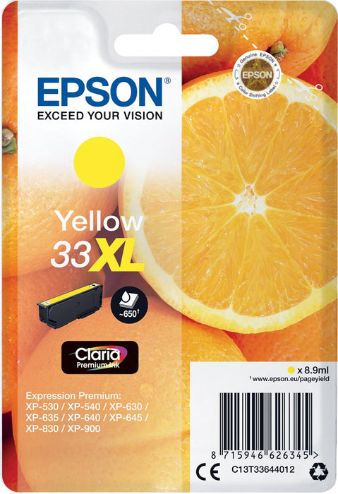 Epson inktcartridge 33XL, 650 pagina's, OEM C13T33644012, geel for Expression Premium XP-530/630 Series