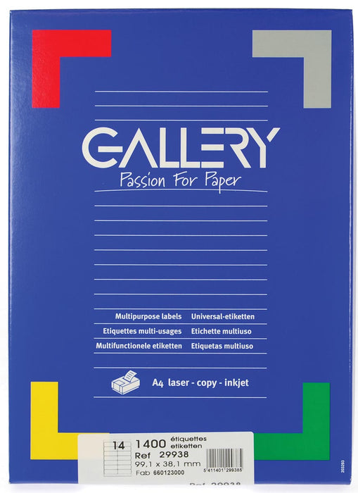 Galerij witte etiketten ft 99,1 x 38,1 mm (b x h), ronde hoeken, doos van 1.400 etiketten