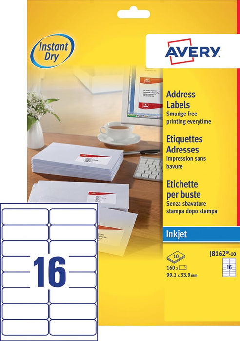 Avery J8162-10 adresstickers afmeting 99,1 x 33,9 mm (b x h), 160 stickers, wit
