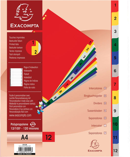 Exacompta tabbladen numeriek voor ft A4, uit PP 12/100e, 12 kleurtabs, met indexblad, wit 20 stuks, OfficeTown