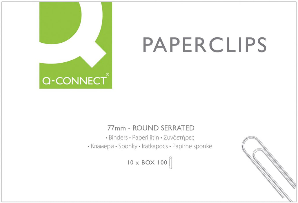 The product title in Dutch: Q-CONNECT papierklemmen, 77 mm, verpakking van 100 stuks