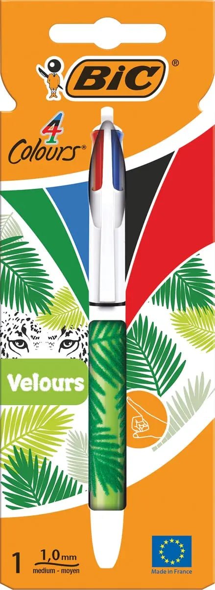 Bic 4 Colours Velours, balpen, 0,32 mm, 4 klassieke inktkleuren, verschillende motieven, op blister - OfficeTown