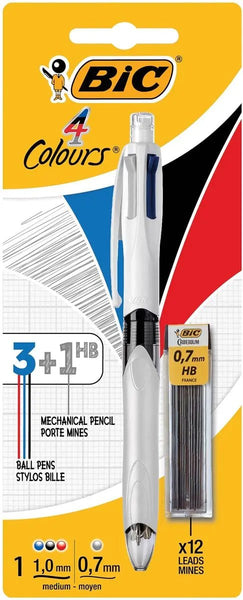 Bic 4 Kleuren 3 + 1 HB, balpen, 0,32 mm, 3 klassieke inktkleuren en een vulpotlood 0,7 mm HB, op blister